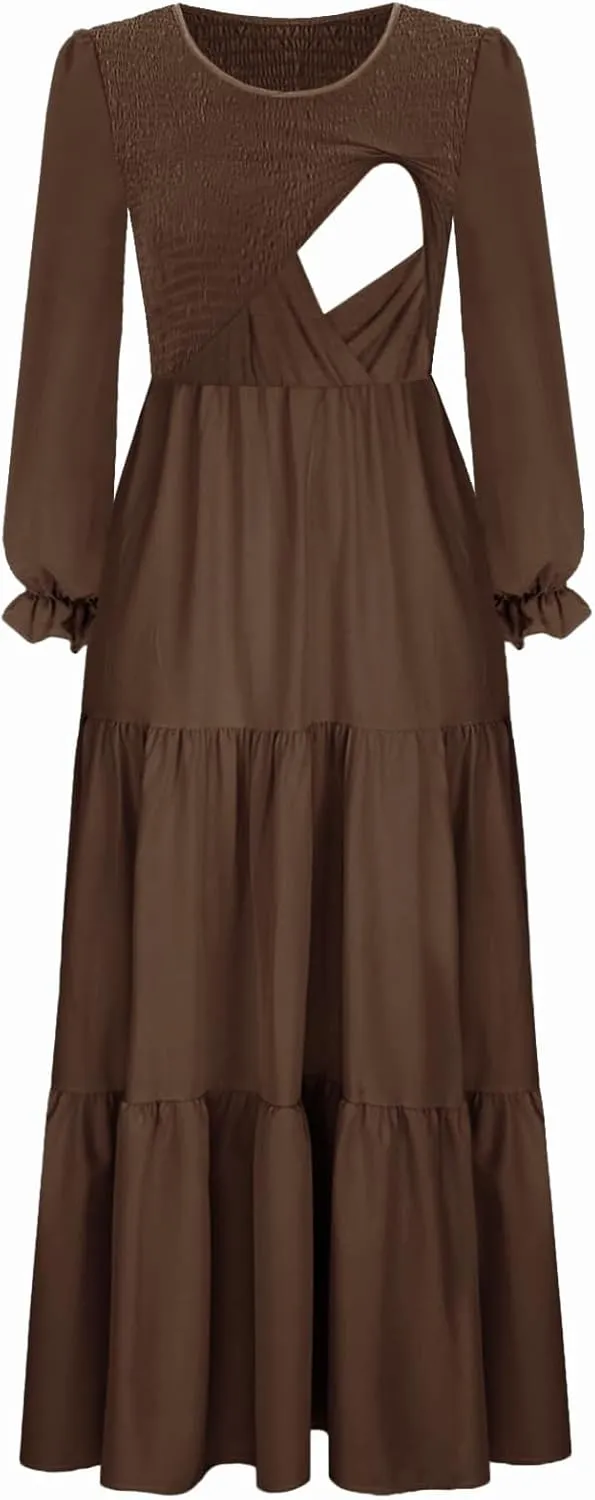 Women's Nursing Dress Flounces Long Sleeve Crew Neck Smocked Bodice Ruched Elastic Waist Tiered Midi with Pockets