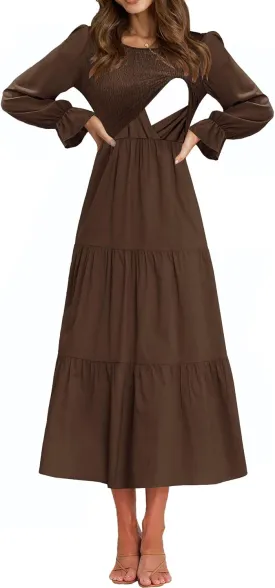 Women's Nursing Dress Flounces Long Sleeve Crew Neck Smocked Bodice Ruched Elastic Waist Tiered Midi with Pockets