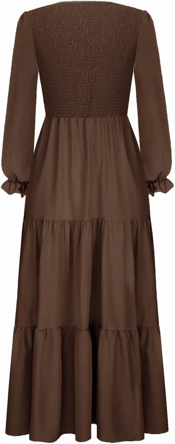 Women's Nursing Dress Flounces Long Sleeve Crew Neck Smocked Bodice Ruched Elastic Waist Tiered Midi with Pockets