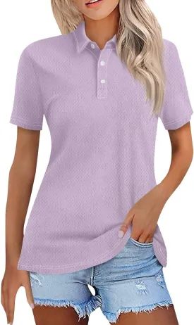 Womens Polo Tees Short Sleeve Casual Loose V Neck Button Down Business Work Shirts Summer Spring Tops