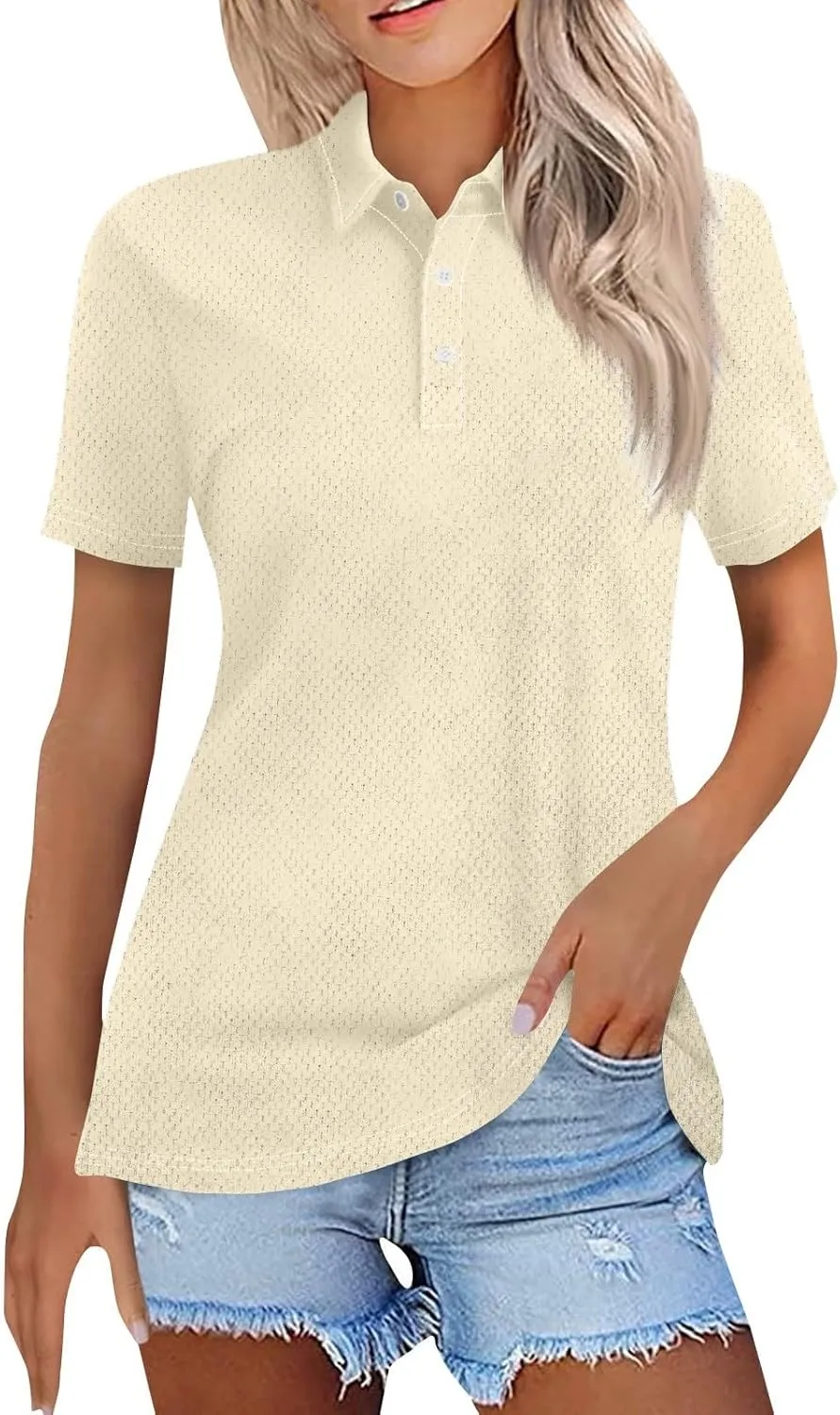 Womens Polo Tees Short Sleeve Casual Loose V Neck Button Down Business Work Shirts Summer Spring Tops