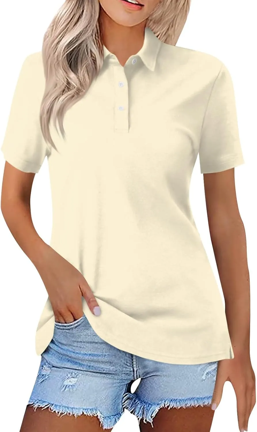 Womens Polo Tees Short Sleeve Casual Loose V Neck Button Down Business Work Shirts Summer Spring Tops