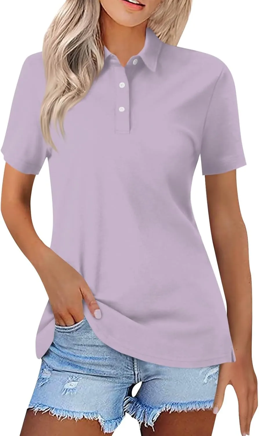 Womens Polo Tees Short Sleeve Casual Loose V Neck Button Down Business Work Shirts Summer Spring Tops