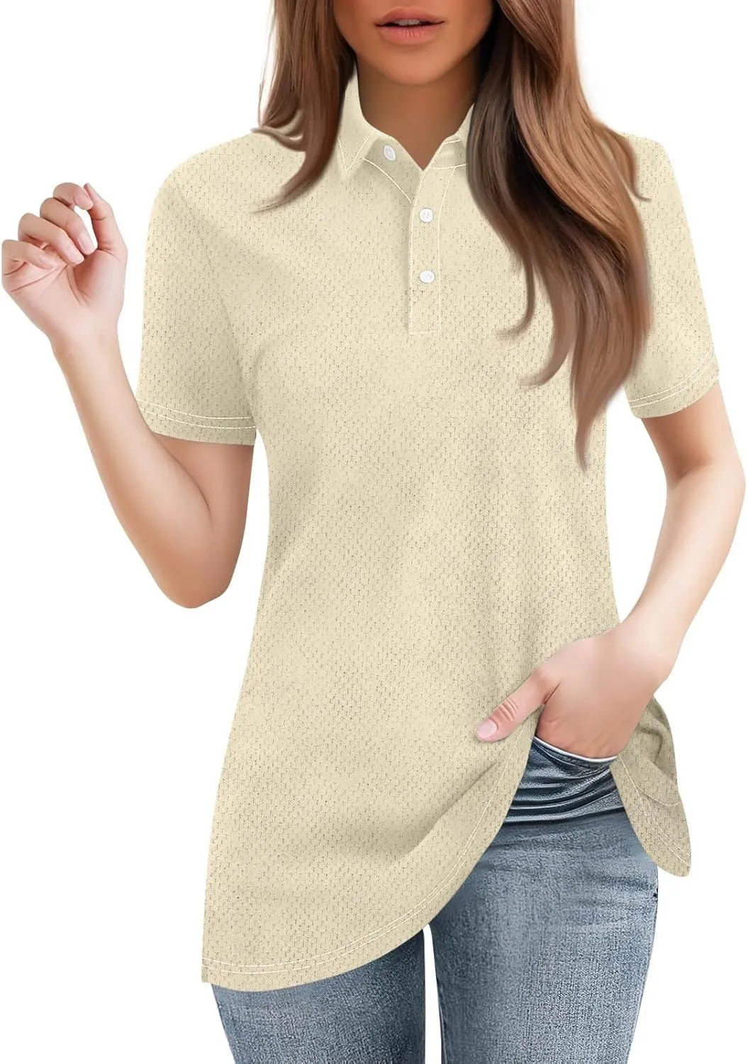 Womens Polo Tees Short Sleeve Casual Loose V Neck Button Down Business Work Shirts Summer Spring Tops