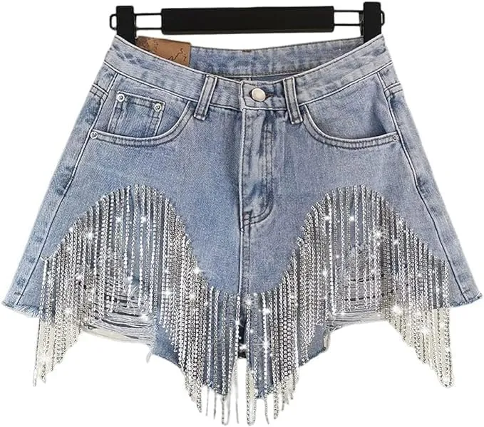 Womens Summer Rhinestone Tassel Jean Denim Shorts Ripped Tassel High Waist Jean Shorts
