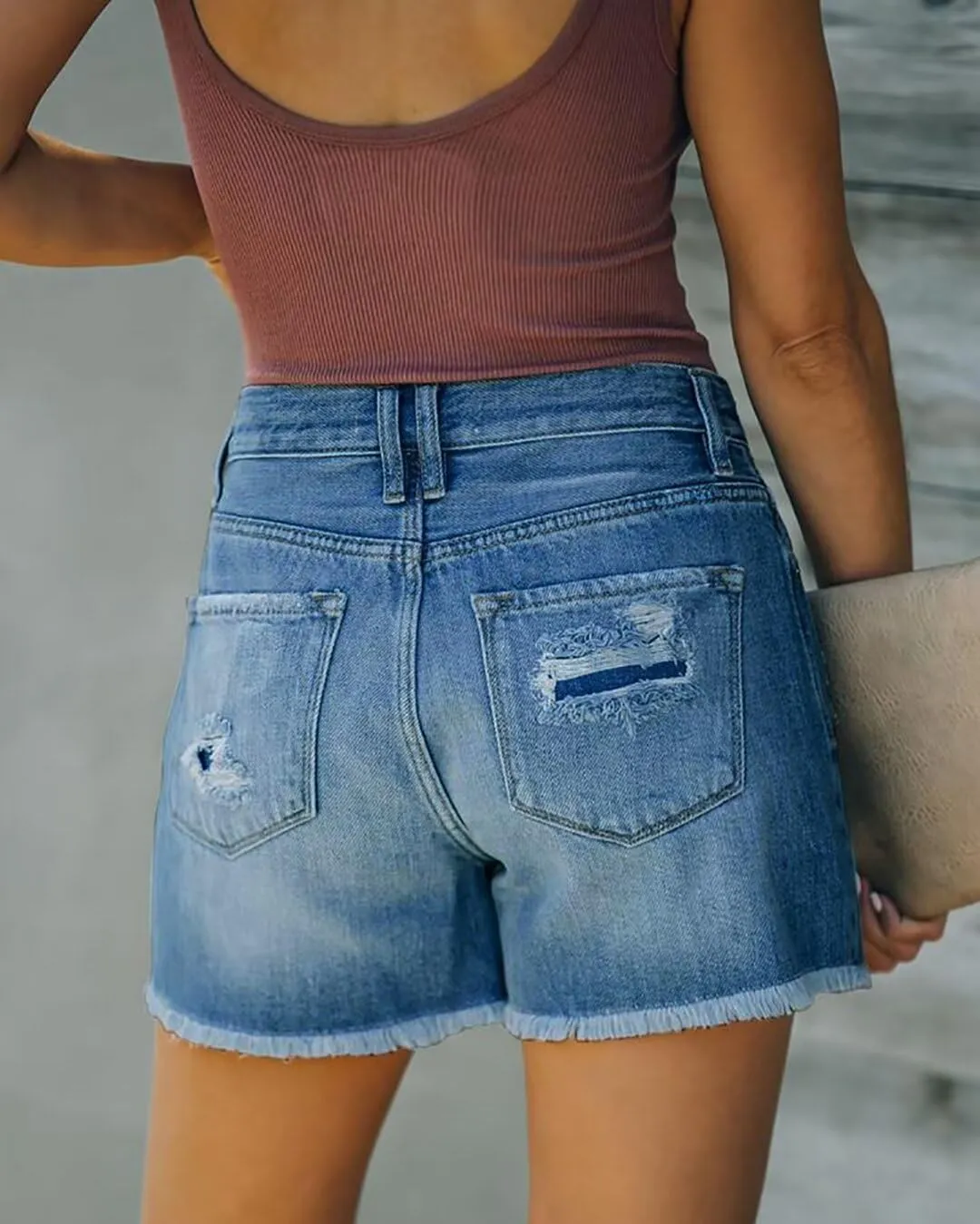 ZOLUCKY Women's Casual Summer Denim Shorts Mid Waisted Stretchy Ripped Jean Shorts with Pockets
